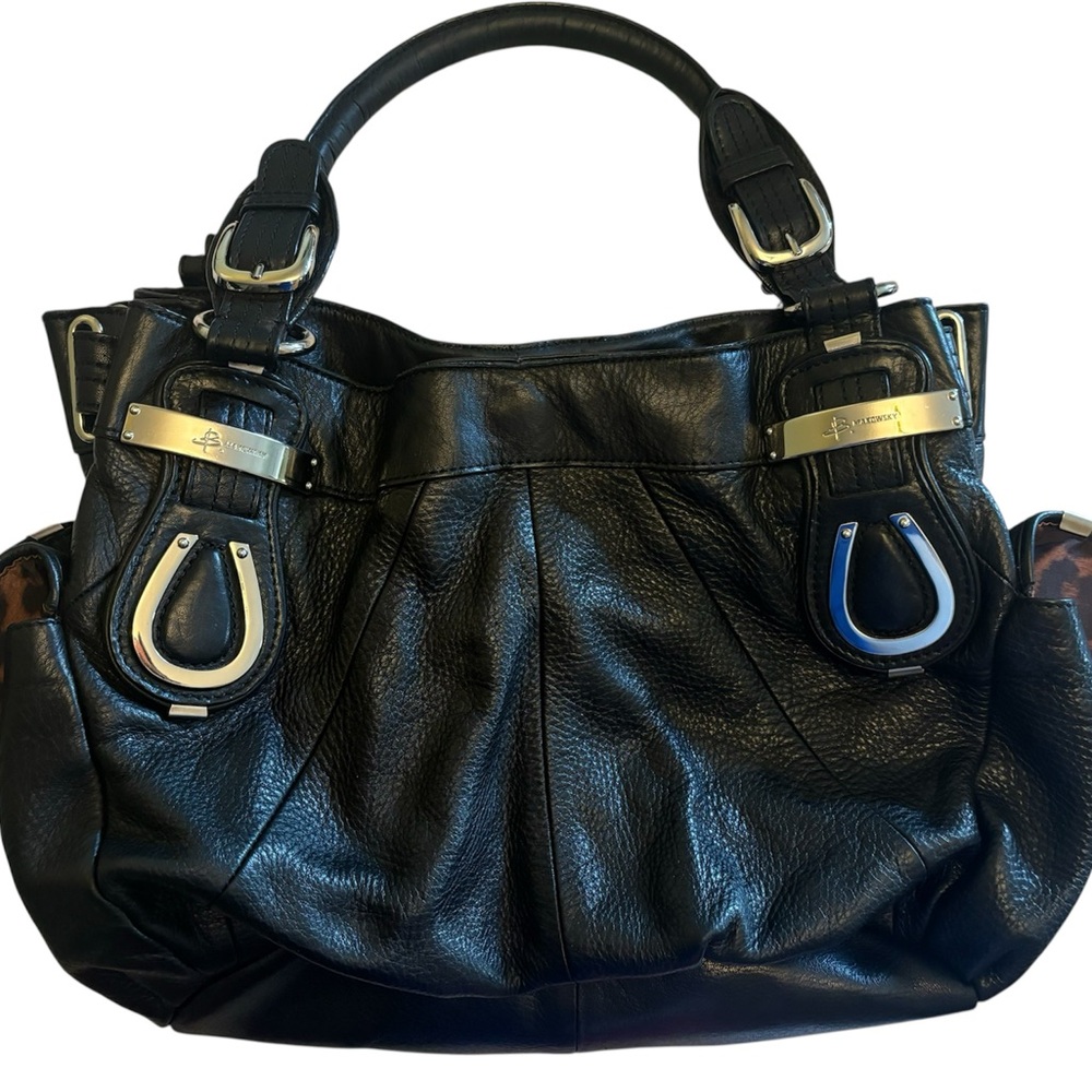 B. Makowsky Vintage Black Leather Shoulder Bag with Silver Accents